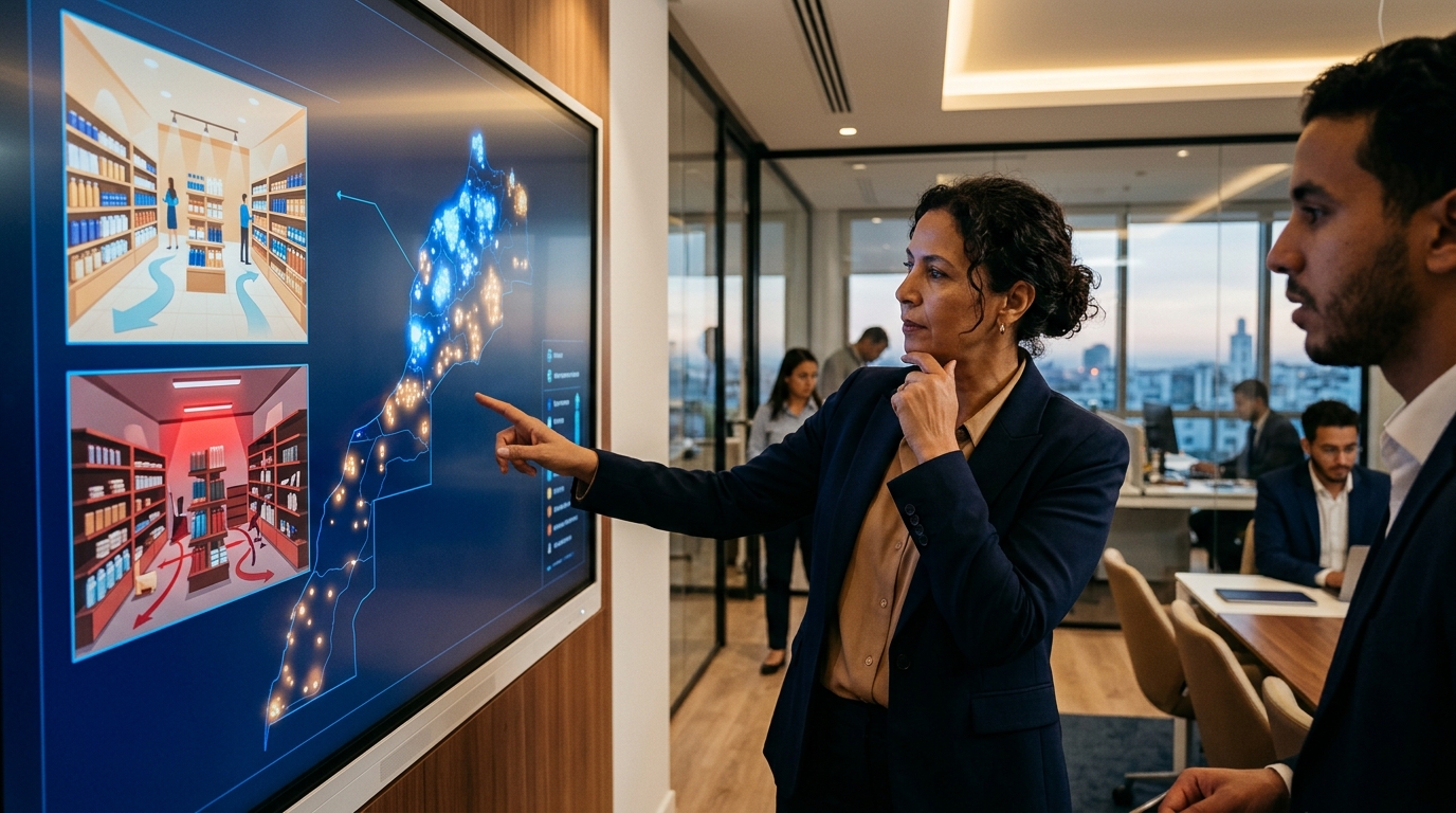 A franchise headquarters manager looking at a map of multiple stores with uneven performance indicators, while one store interior looks perfectly aligned and another shows visible standard drift, realistic business setting, no text