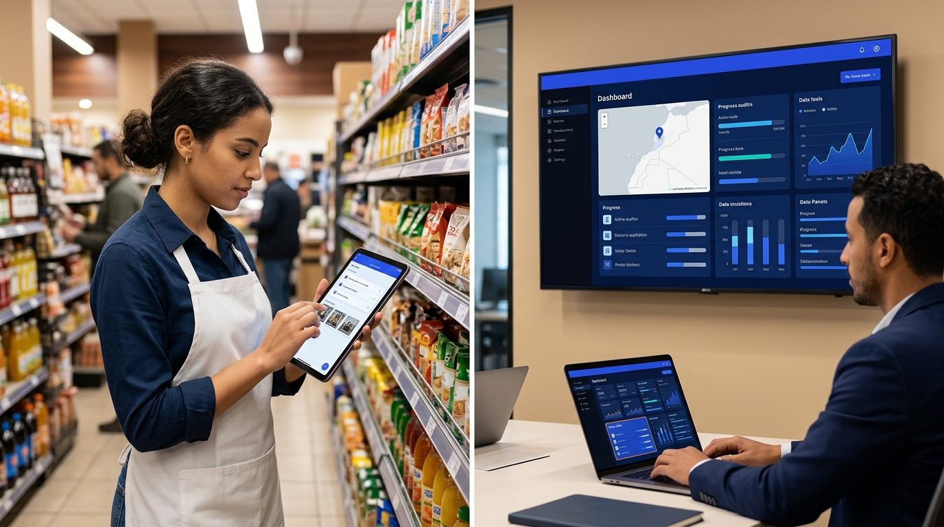 A field auditor in a store completing a mission on a mobile device, verified photos being attached, and a headquarters dashboard updating in real time, realistic, no text