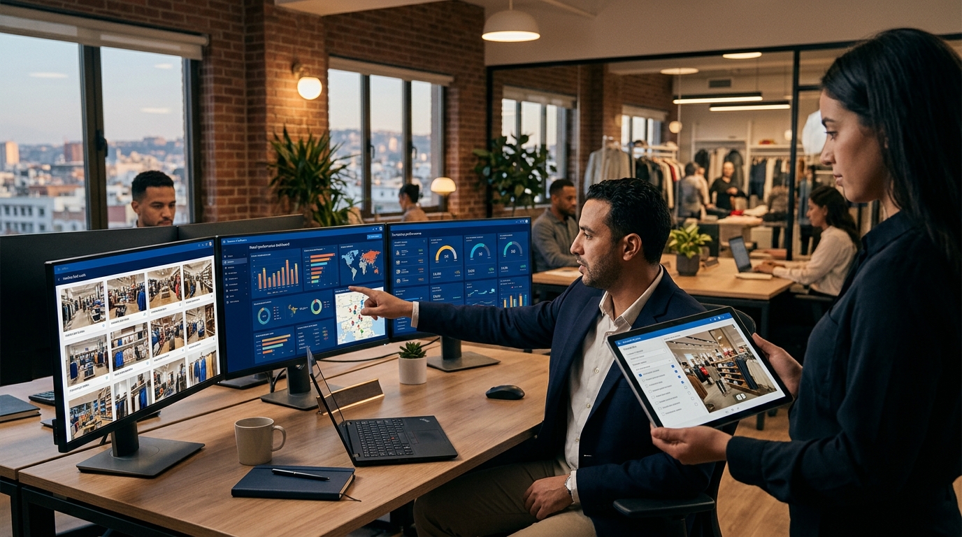 A modern retail franchise network dashboard scene in a back-office office, a manager reviewing verified field audit photos and store scores on multiple screens, a field agent in a store taking a struc