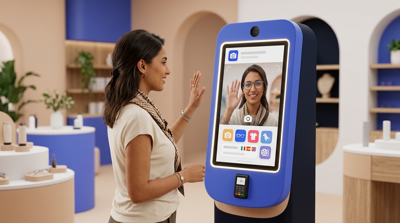 A customer using a smart kiosk in a store to try a product virtually and take a photo, multilingual interface on screen without readable text, branded phygital setup, no text in image