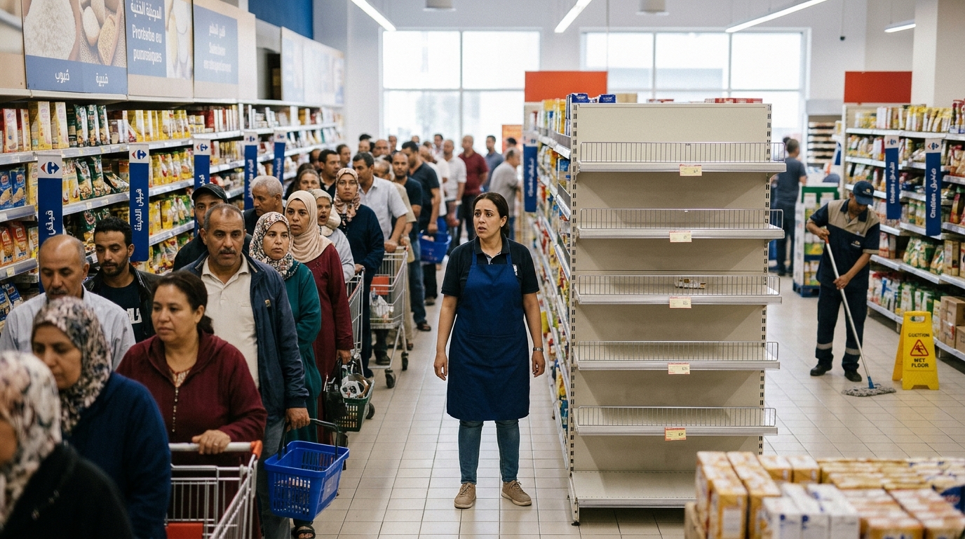 A retail manager standing in a store aisle looking at a long checkout line, an empty shelf, and a cleaner in the background, capturing multiple operational issues in one scene, realistic, no text in image