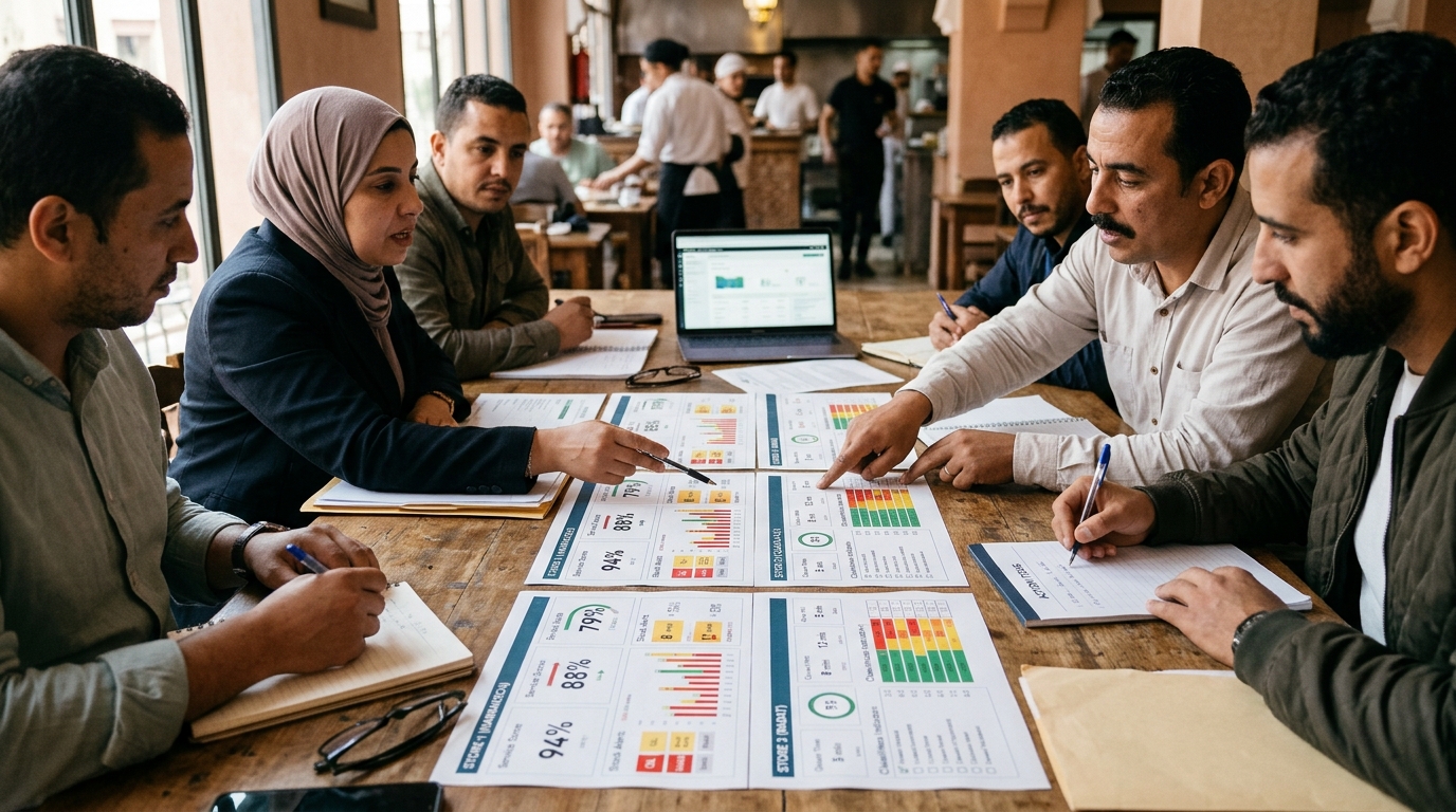 A franchise operations table review meeting with site cards, service scores, stock alerts, queue times, and cleanliness indicators side by side, managers comparing stores and assigning actions, realistic, no text in image